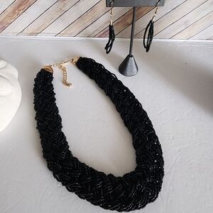 Black Seed Bead Collar Style Necklace and Earrings Set New